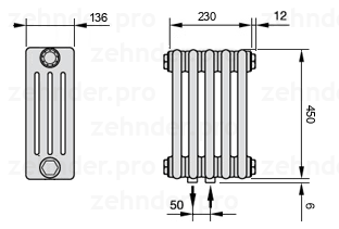 Схема (чертеж) Радиатор Zehnder Charleston 4045/5 №5410 Белый глянцевый RAL 9016